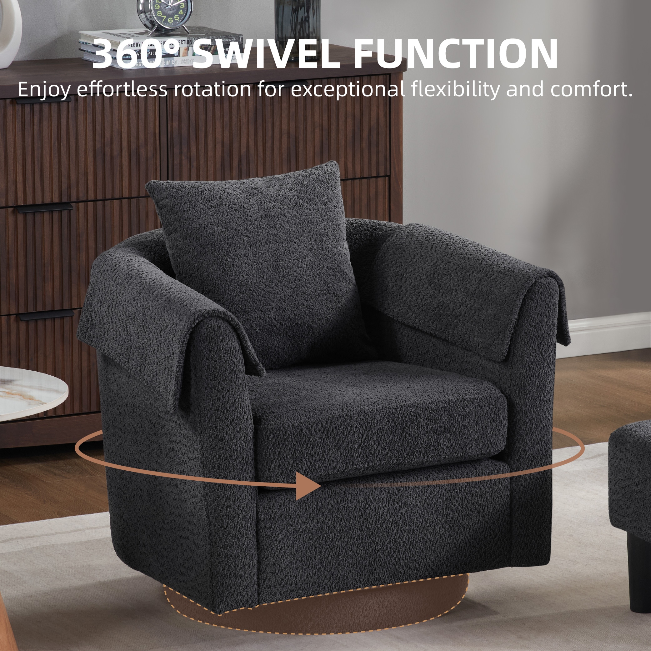 Swivel Accent Chair with Ottoman Set, Modern Chenille Barrel Armchair with Removable Back Pillow & 2 Armrest Covers for Living Room, Bedroom, Office, Black Swivel Accent Chair with Ottoman Set, Modern Chenille Barrel Armchair with Removable Back Pillow & 2 Armrest Covers for Living Room, Bedroom, Office, Black